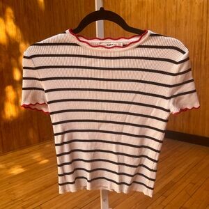 Zara Black White and Red Ribbed Fitted Short Sleeve Striped T-Shirt